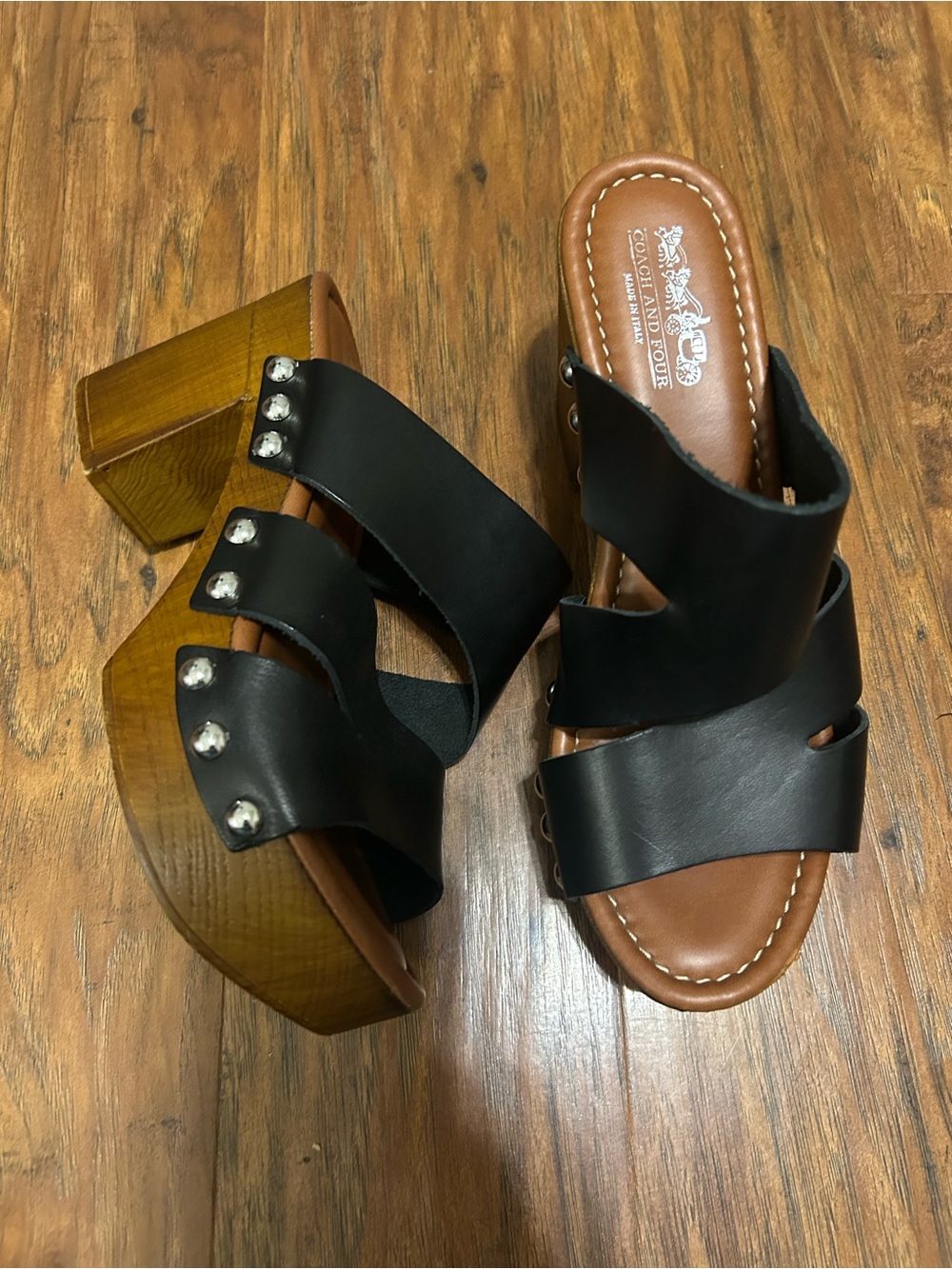 Black Leather Silver Studded Wood Platform Mules Slide-On Hippie Y2K Boho 90s